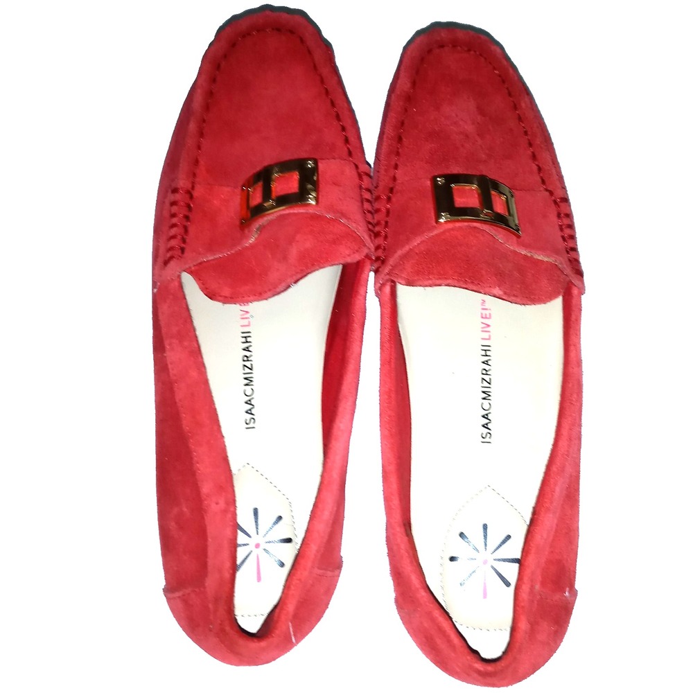 Isaac Mizrahi Live! Sz 8 Red Suede Moccasins w/ Gold Toned Buckle Driving Shoes